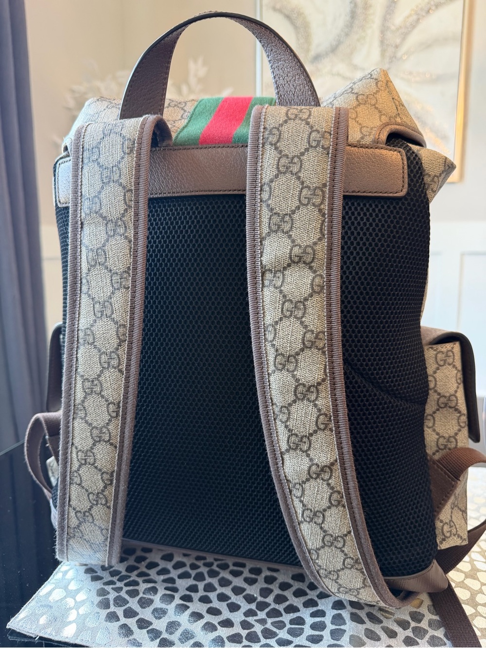Gucci GG Supreme Coated Canvas Backpack with Red & Green Stripe and Brown Trim - Picture 5 of 16